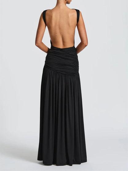 Boat Neck Ruched Metal Brooch Mesh Panel Mermaid Maxi Dress
