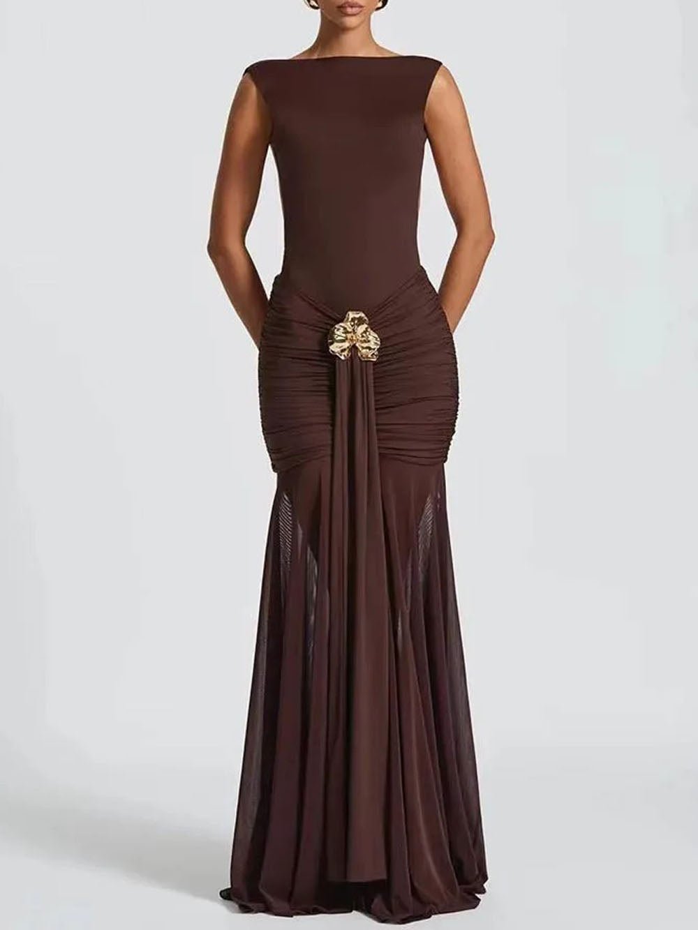 Boat Neck Ruched Metal Brooch Mesh Panel Mermaid Maxi Dress
