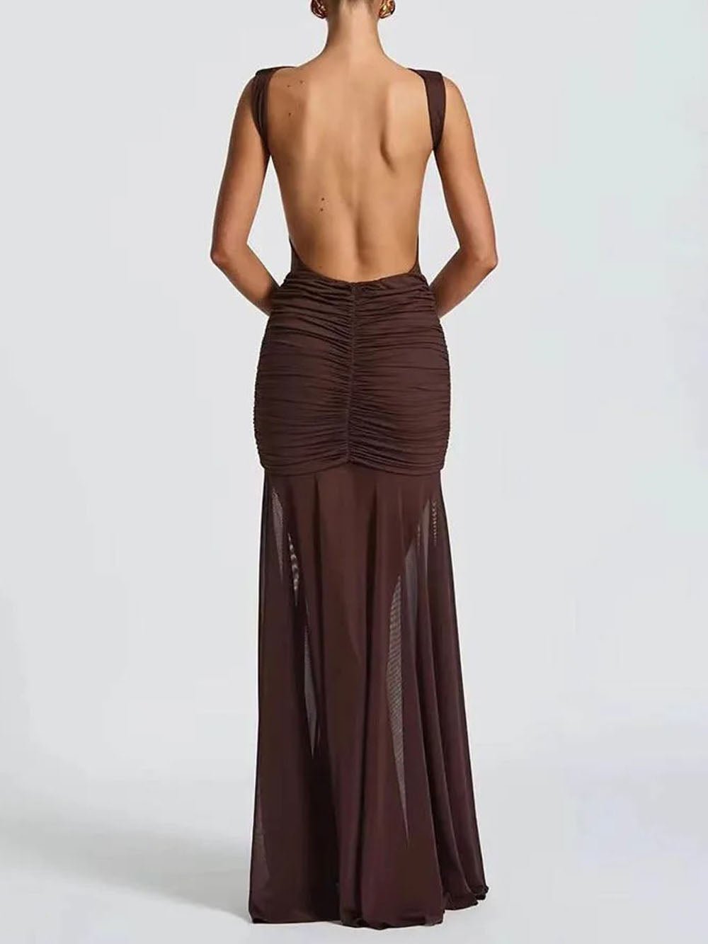 Boat Neck Ruched Metal Brooch Mesh Panel Mermaid Maxi Dress
