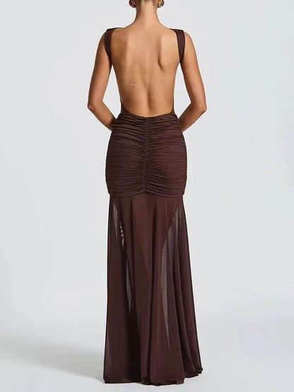 Boat Neck Ruched Metal Brooch Mesh Panel Mermaid Maxi Dress