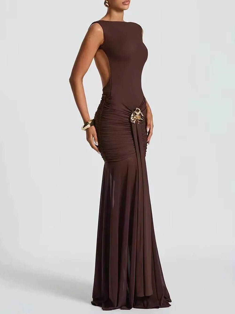 Boat Neck Ruched Metal Brooch Mesh Panel Mermaid Maxi Dress