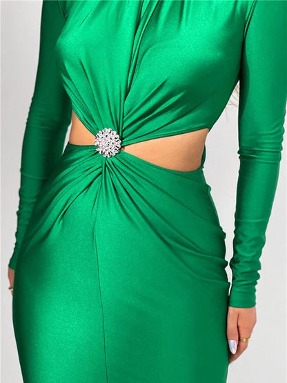 Green Mock Neck Long Sleeve Waist Cut Out Rhinestone Brooch Bodycon Maxi Dress