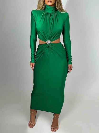 Green Mock Neck Long Sleeve Waist Cut Out Rhinestone Brooch Bodycon Maxi Dress