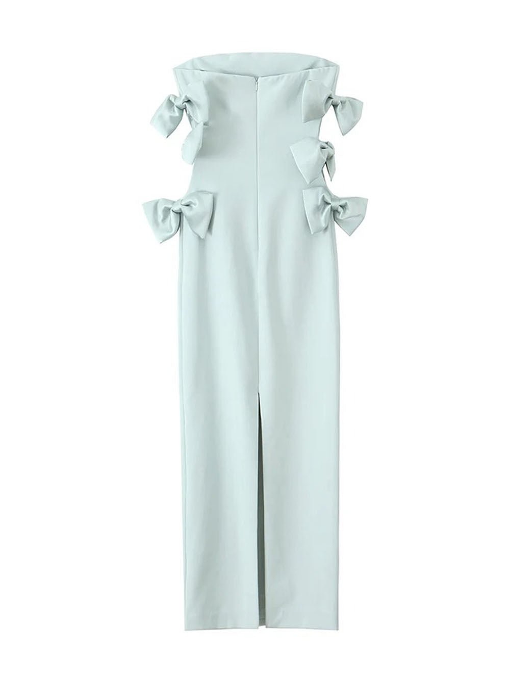 Blue Strapless Side Bow Cut Out Sheath Column Midi Dress