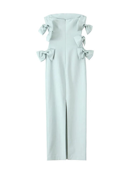Blue Strapless Side Bow Cut Out Sheath Column Midi Dress