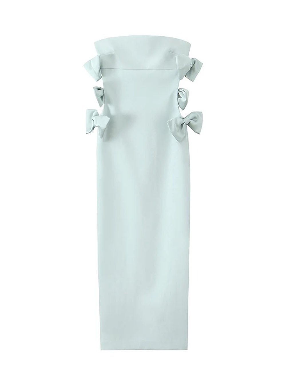 Blue Strapless Side Bow Cut Out Sheath Column Midi Dress