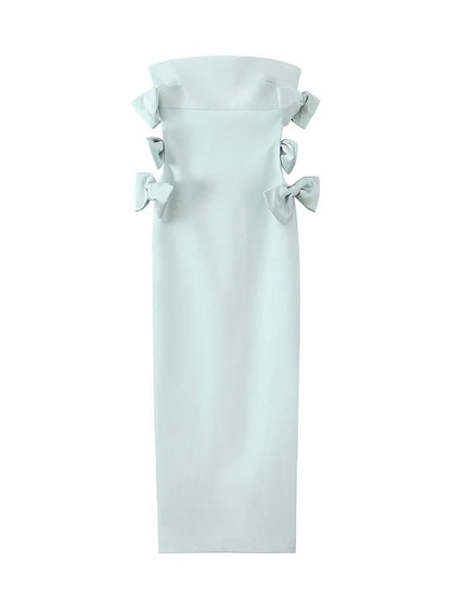 Blue Strapless Side Bow Cut Out Sheath Column Midi Dress