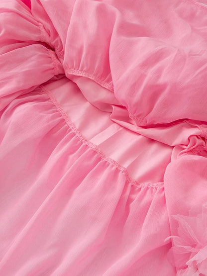 Pink Halter Neck Smocked Waist Tiered Ruffle Trim Chiffon Maxi Dress