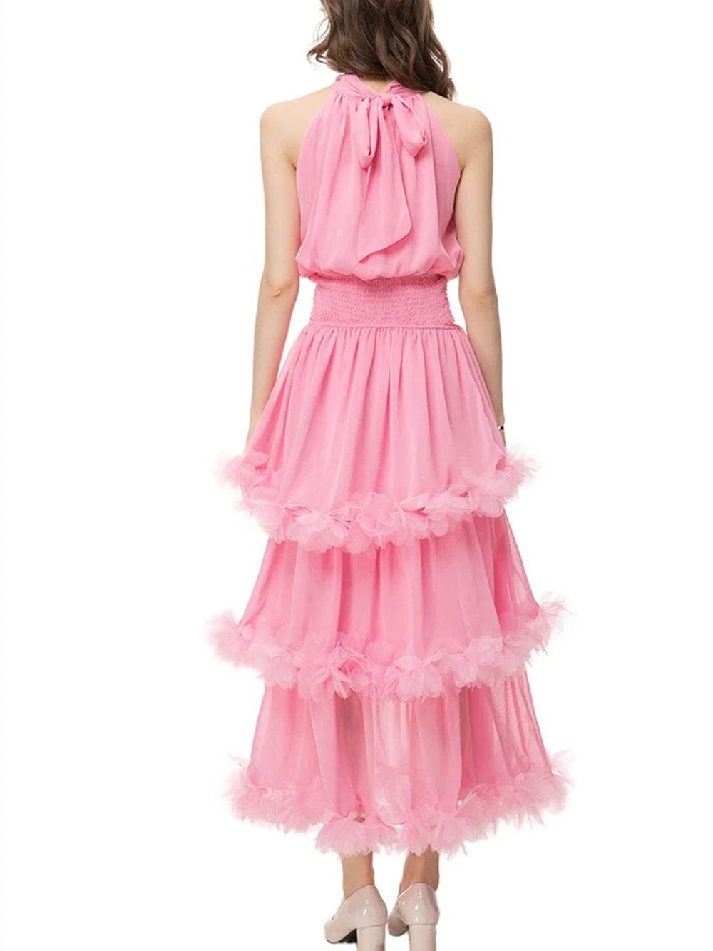 Pink Halter Neck Smocked Waist Tiered Ruffle Trim Chiffon Maxi Dress