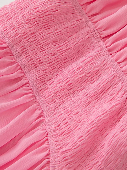 Pink Halter Neck Smocked Waist Tiered Ruffle Trim Chiffon Maxi Dress