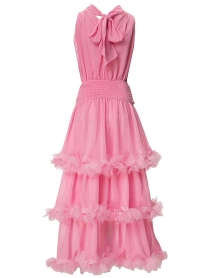 Pink Halter Neck Smocked Waist Tiered Ruffle Trim Chiffon Maxi Dress