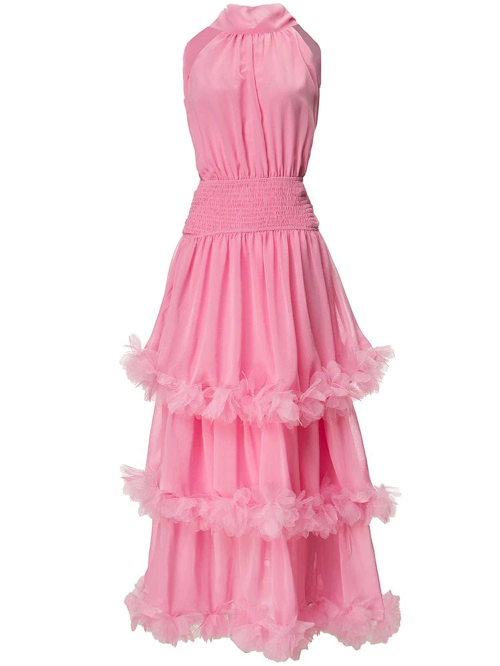 Pink Halter Neck Smocked Waist Tiered Ruffle Trim Chiffon Maxi Dress