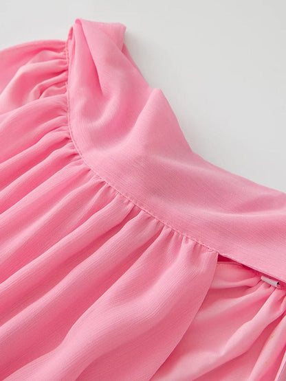 Pink Halter Neck Smocked Waist Tiered Ruffle Trim Chiffon Maxi Dress