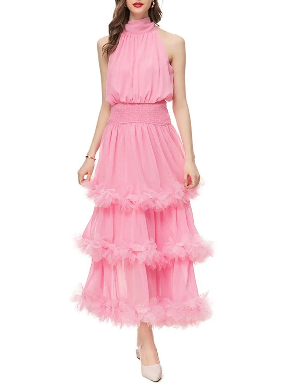 Pink Halter Neck Smocked Waist Tiered Ruffle Trim Chiffon Maxi Dress