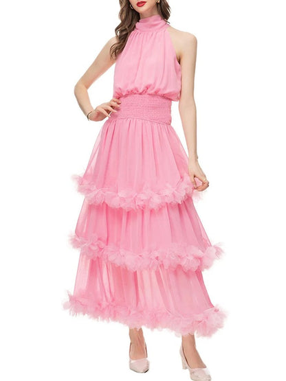 Pink Halter Neck Smocked Waist Tiered Ruffle Trim Chiffon Maxi Dress