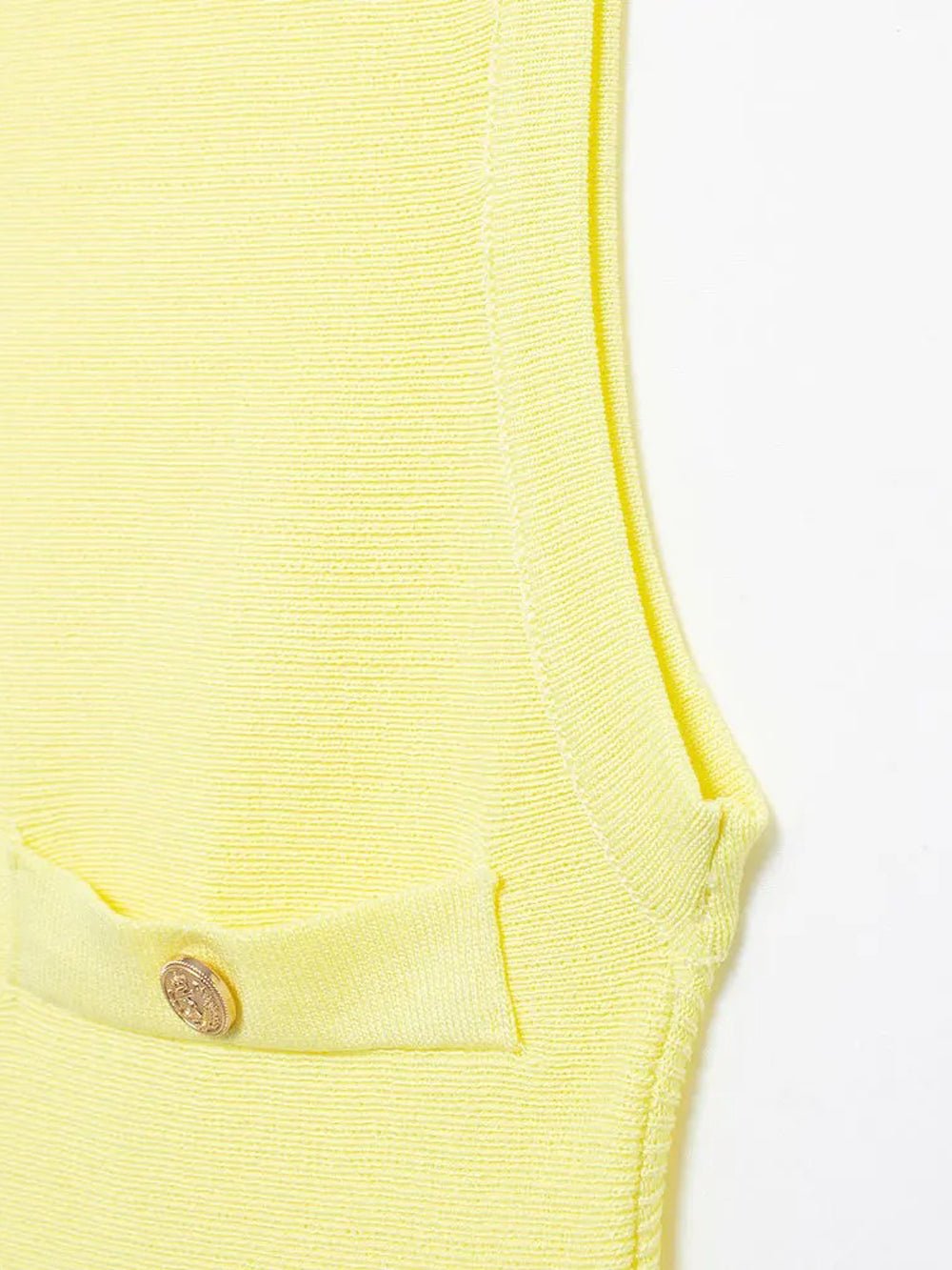 Yellow Knit Crew Neck Four Pocket Button Pleated Drop Waist Mini Dress