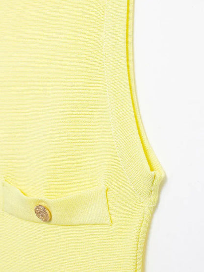 Yellow Knit Crew Neck Four Pocket Button Pleated Drop Waist Mini Dress