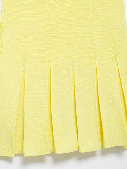 Yellow Knit Crew Neck Four Pocket Button Pleated Drop Waist Mini Dress