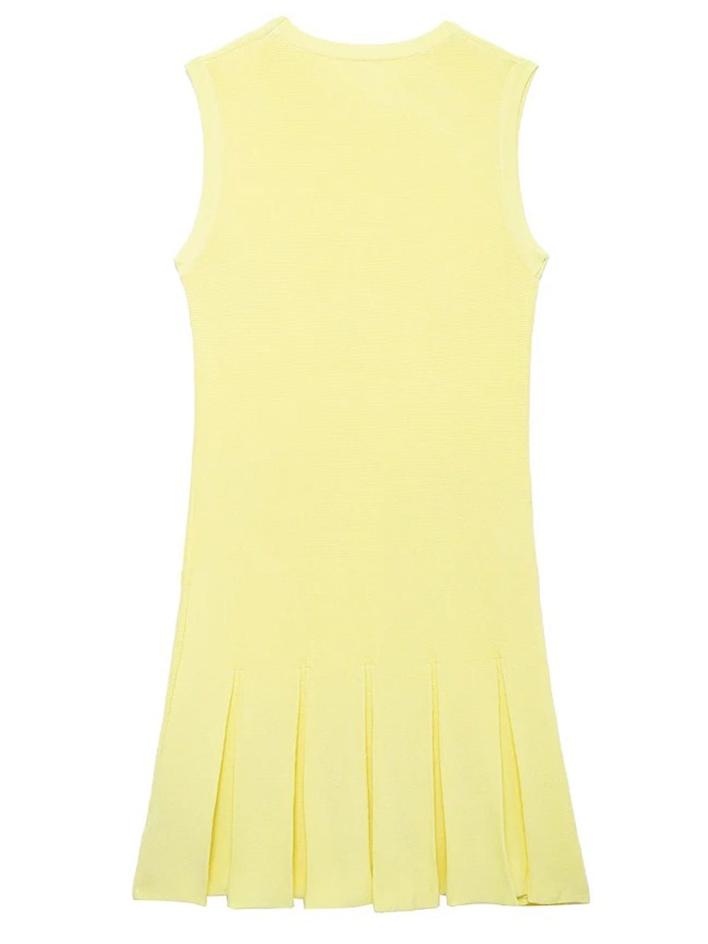 Yellow Knit Crew Neck Four Pocket Button Pleated Drop Waist Mini Dress