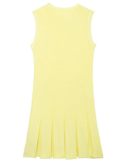 Yellow Knit Crew Neck Four Pocket Button Pleated Drop Waist Mini Dress