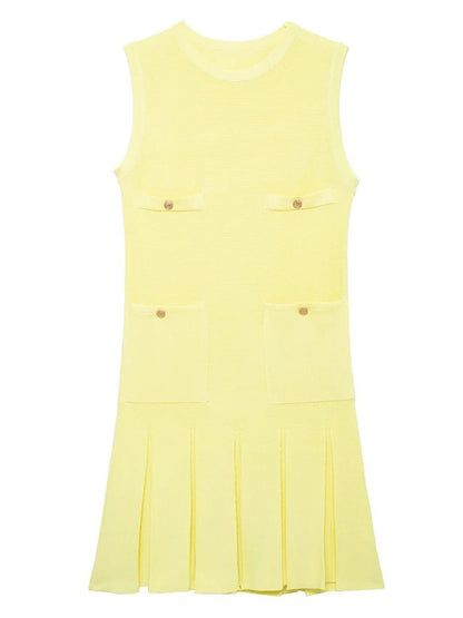 Yellow Knit Crew Neck Four Pocket Button Pleated Drop Waist Mini Dress