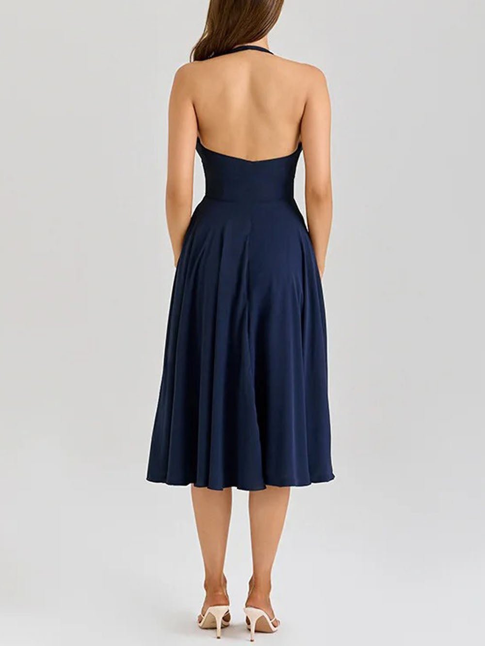 Halter Neck Deep V-Neck Basque Waist Pleated Midi Dress