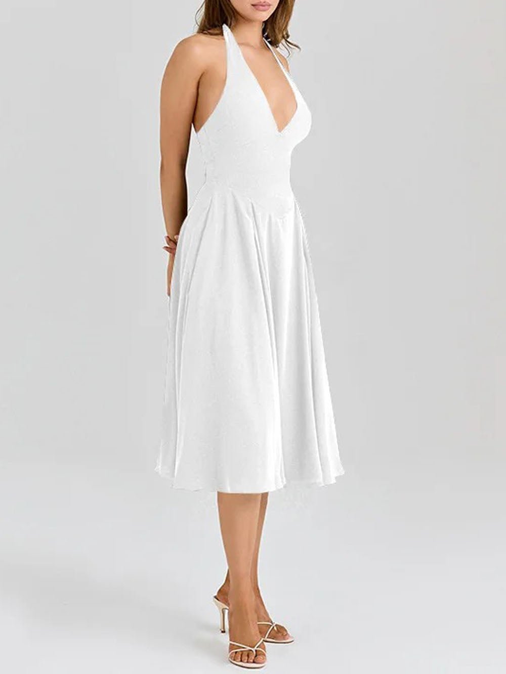 Halter Neck Deep V-Neck Basque Waist Pleated Midi Dress
