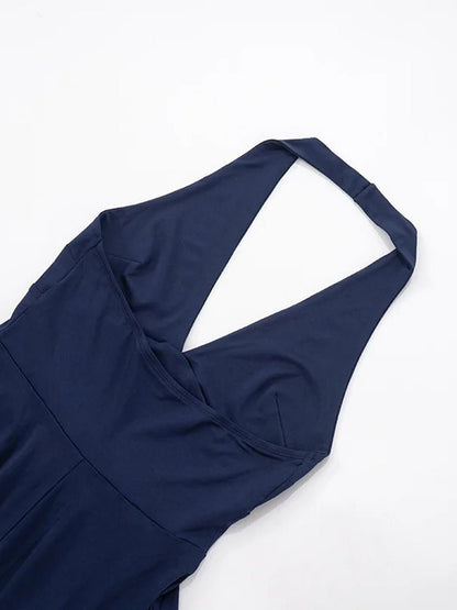 Halter Neck Deep V-Neck Basque Waist Pleated Midi Dress