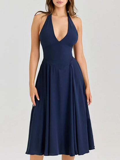 Halter Neck Deep V-Neck Basque Waist Pleated Midi Dress