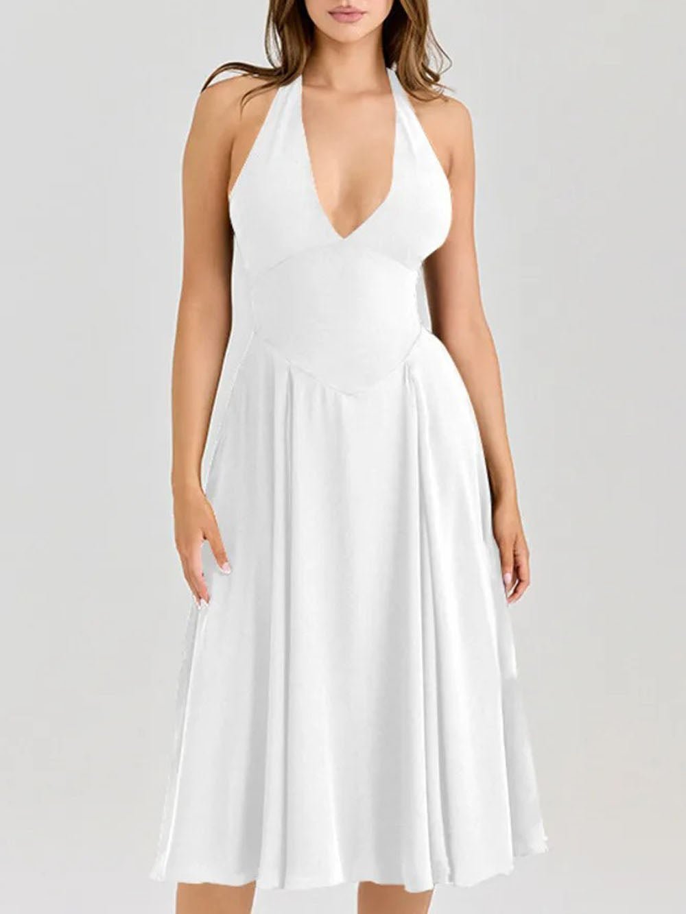 Halter Neck Deep V-Neck Basque Waist Pleated Midi Dress