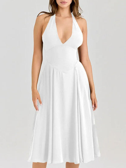 Halter Neck Deep V-Neck Basque Waist Pleated Midi Dress
