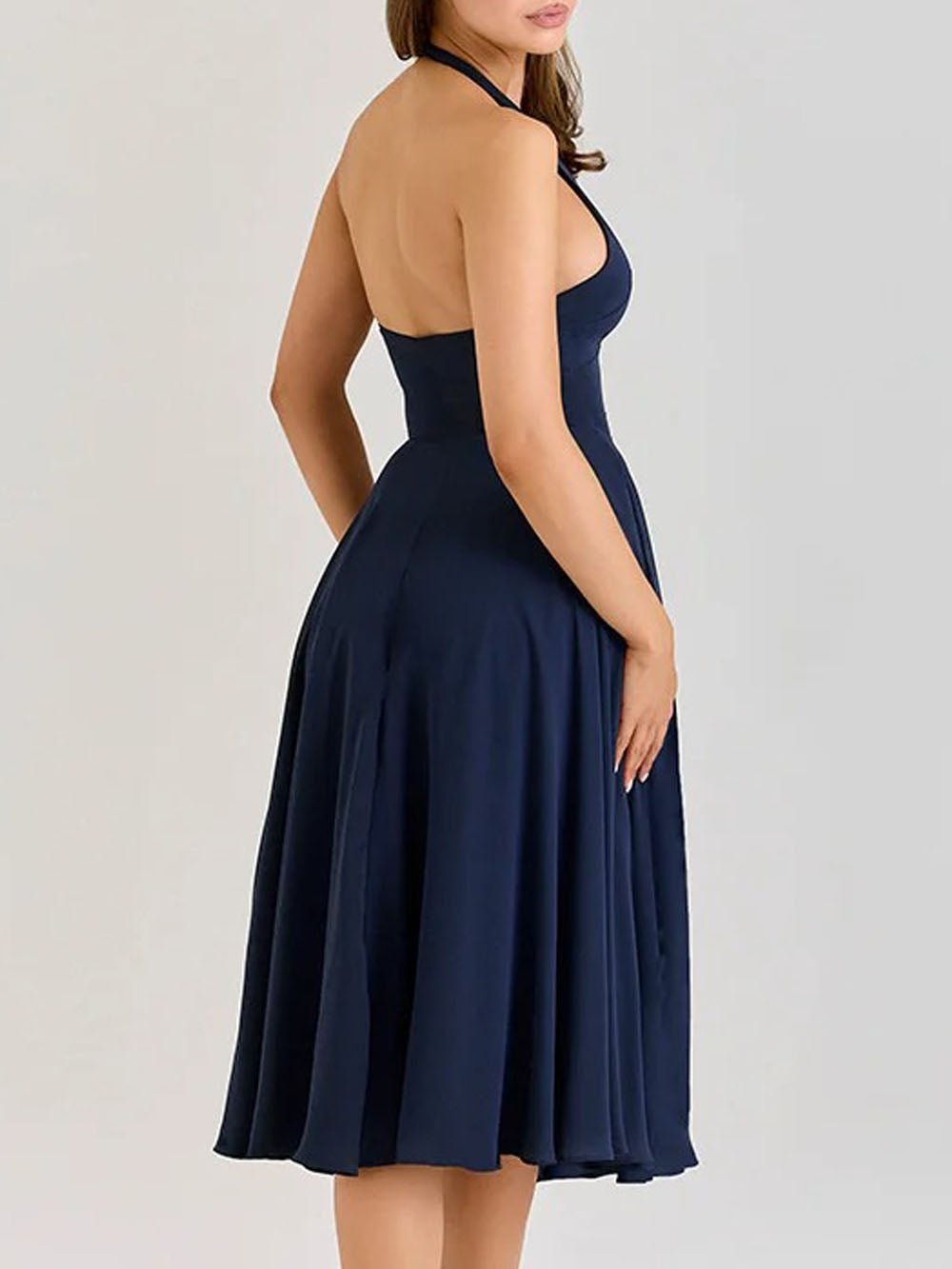Halter Neck Deep V-Neck Basque Waist Pleated Midi Dress