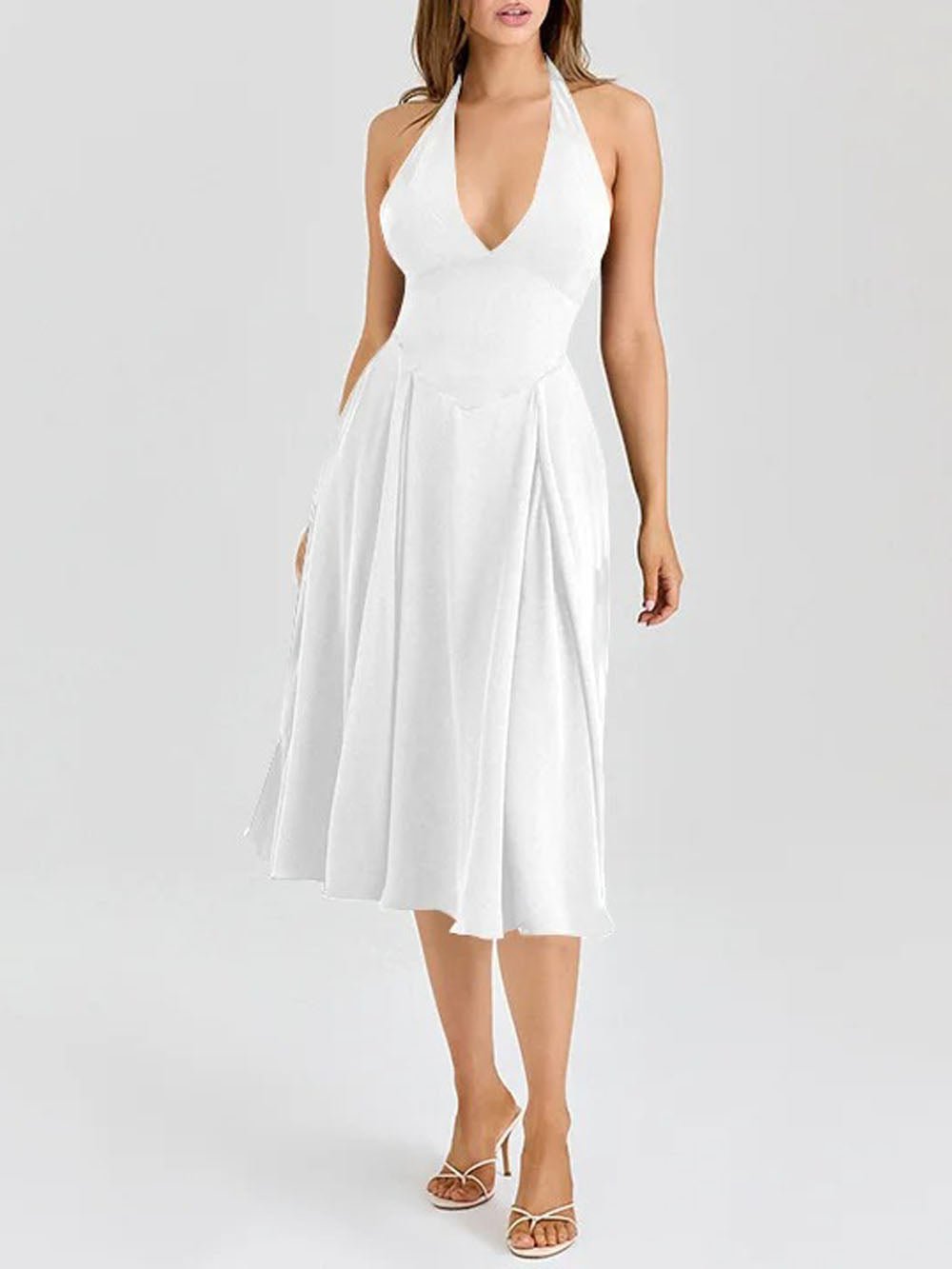 Halter Neck Deep V-Neck Basque Waist Pleated Midi Dress