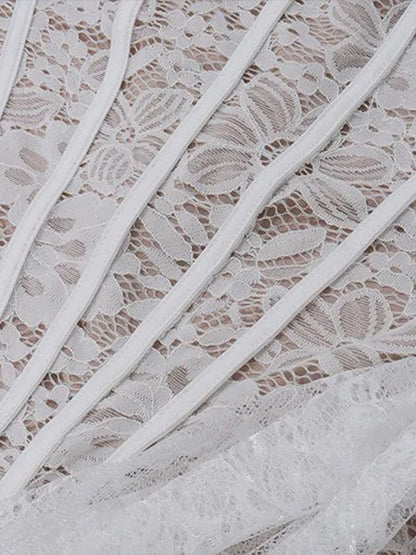 Lace Strapless Corset Boned Draped Wrap Eyelash Hem Mini Dress