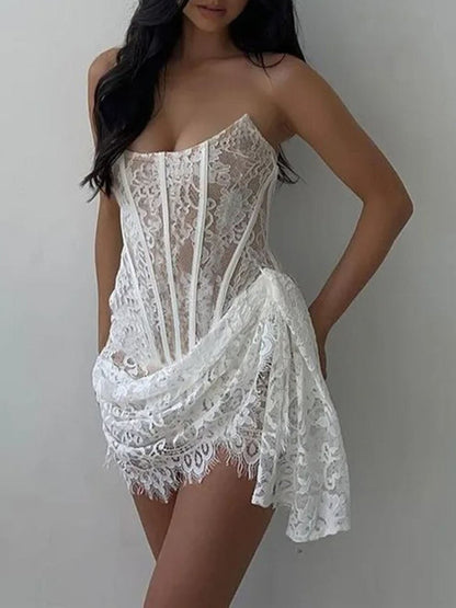 Lace Strapless Corset Boned Draped Wrap Eyelash Hem Mini Dress