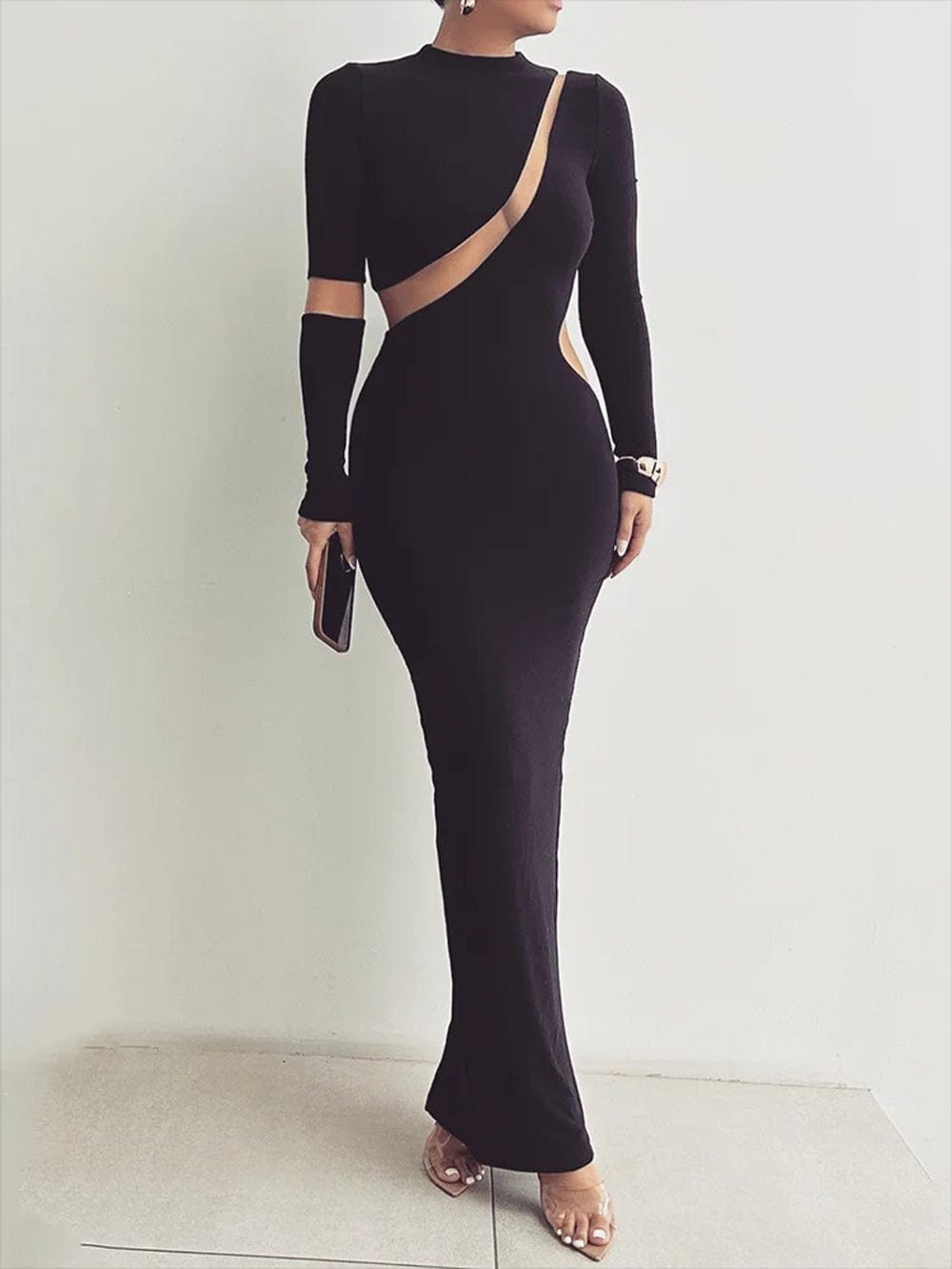 Mock Neck Long Sleeve Mesh Panel Cut Out Bodycon Maxi Dress