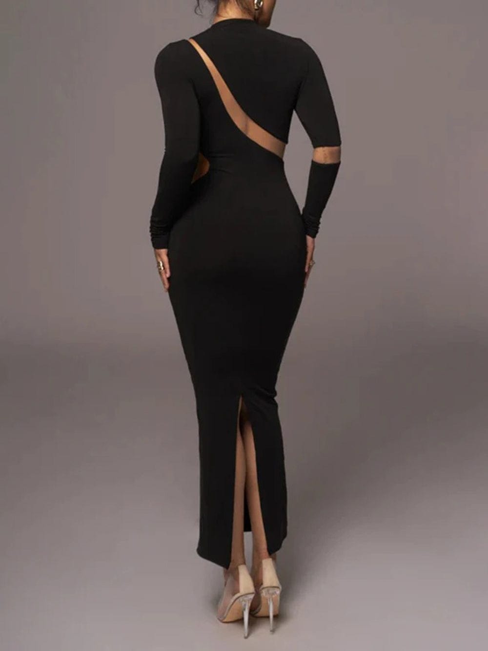 Mock Neck Long Sleeve Mesh Panel Cut Out Bodycon Maxi Dress