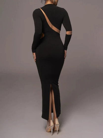 Mock Neck Long Sleeve Mesh Panel Cut Out Bodycon Maxi Dress