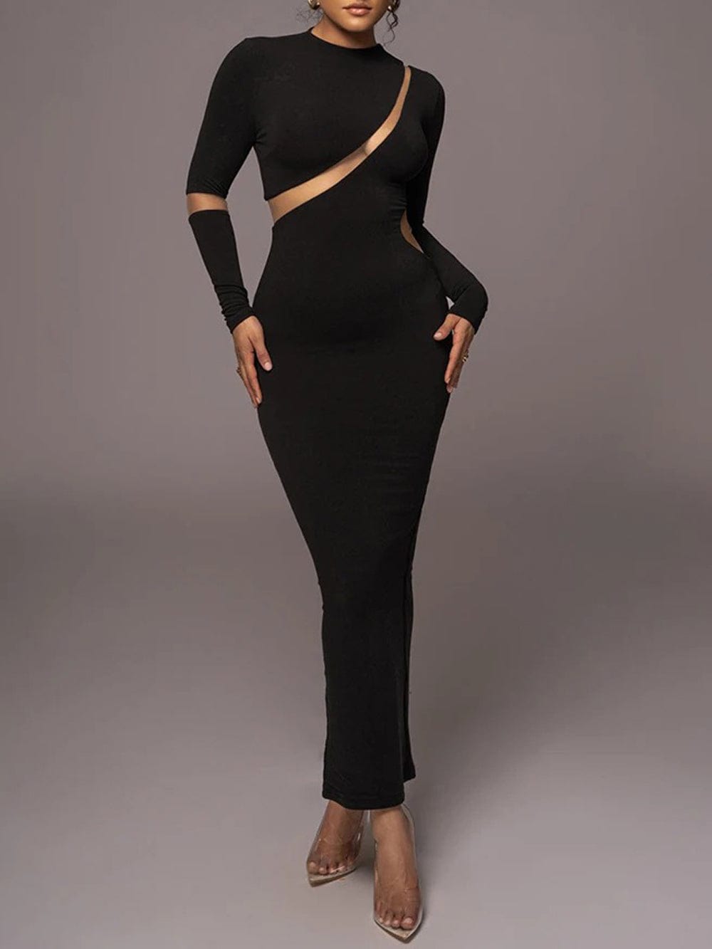 Mock Neck Long Sleeve Mesh Panel Cut Out Bodycon Maxi Dress