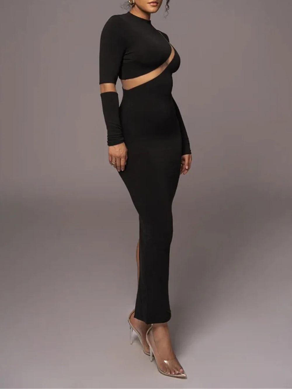 Mock Neck Long Sleeve Mesh Panel Cut Out Bodycon Maxi Dress