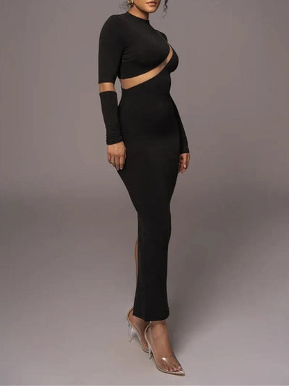 Mock Neck Long Sleeve Mesh Panel Cut Out Bodycon Maxi Dress