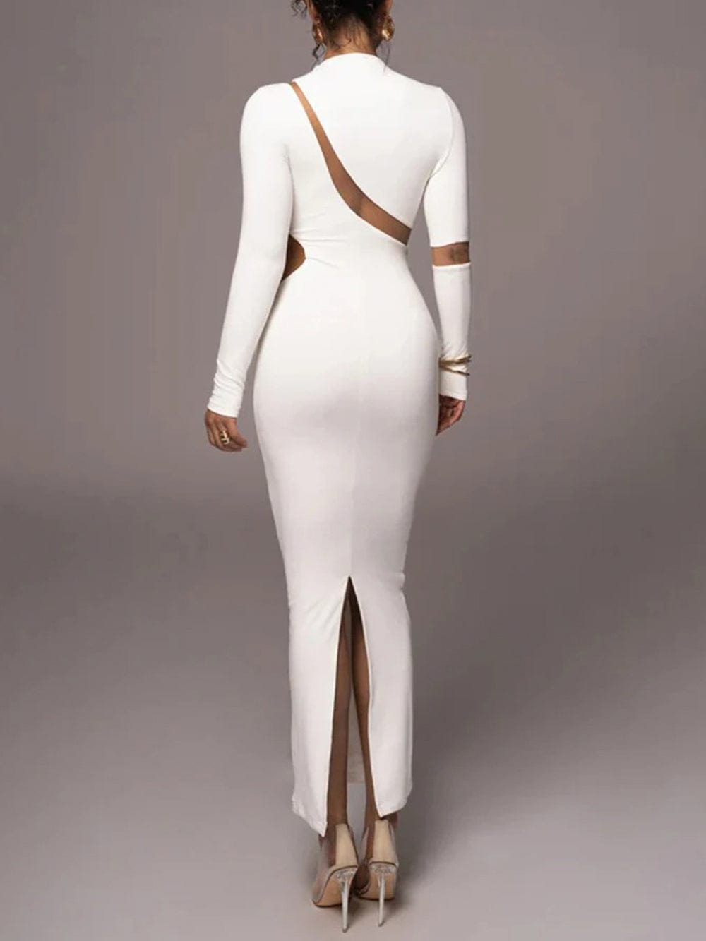 Mock Neck Long Sleeve Mesh Panel Cut Out Bodycon Maxi Dress