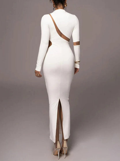 Mock Neck Long Sleeve Mesh Panel Cut Out Bodycon Maxi Dress