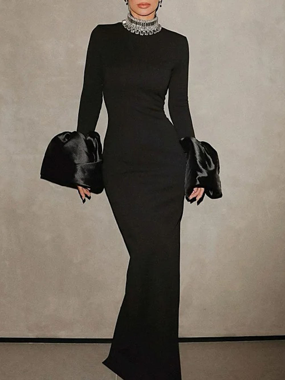 Long Sleeve Mock Neck Satin Puff Cuff Column Bodycon Maxi Gown