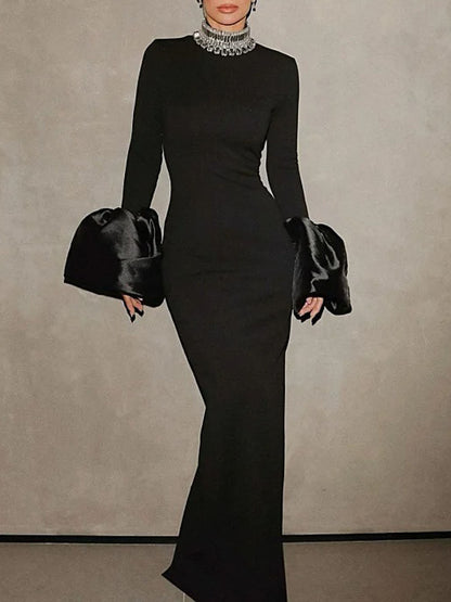 Long Sleeve Mock Neck Satin Puff Cuff Column Bodycon Maxi Gown