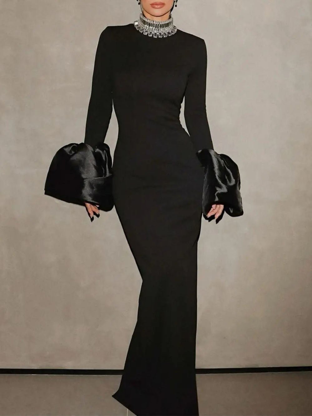Long Sleeve Mock Neck Satin Puff Cuff Column Bodycon Maxi Gown
