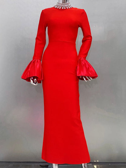Long Sleeve Mock Neck Satin Puff Cuff Column Bodycon Maxi Gown