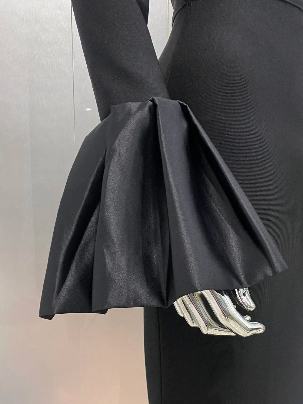 Long Sleeve Mock Neck Satin Puff Cuff Column Bodycon Maxi Gown