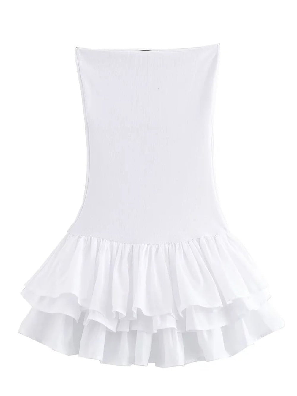 White Strapless Tiered Ruffle Hem Mini Dress