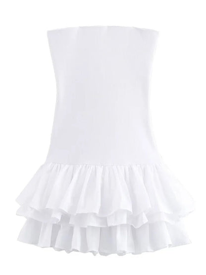 White Strapless Tiered Ruffle Hem Mini Dress